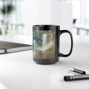 Black Coffee Mug - UFO and Waterfall