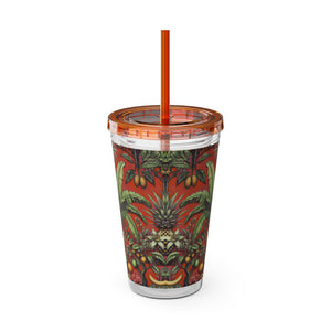 Tropical Tumbler with Straw | 16 oz: Tropical Palms & Fruit, Red