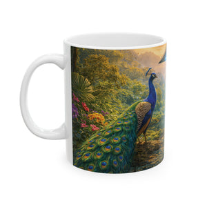 Black Coffee Mug: UFO and 2 Peacocks