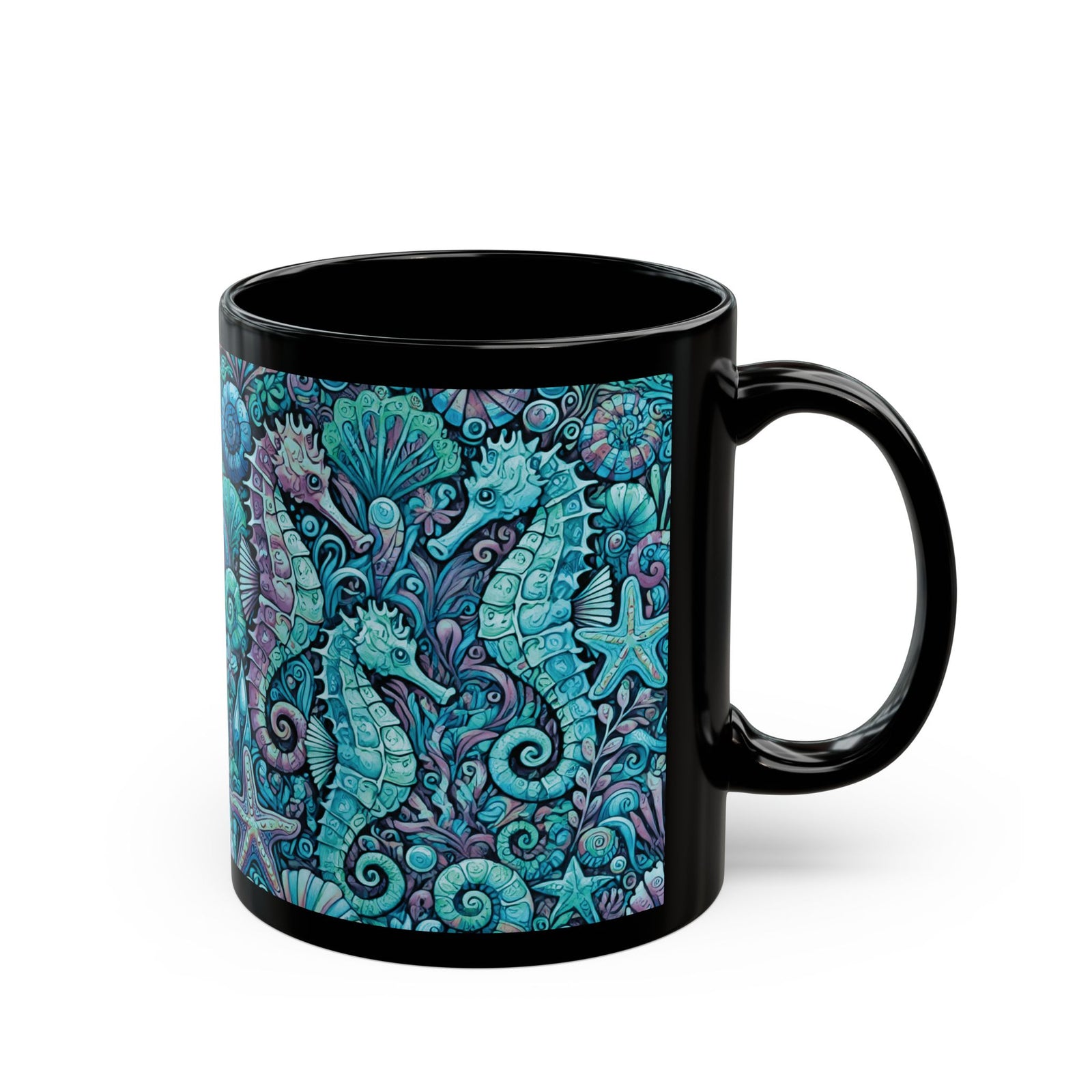 Black Coffee Mug - Seahorse Trio, Turquoise