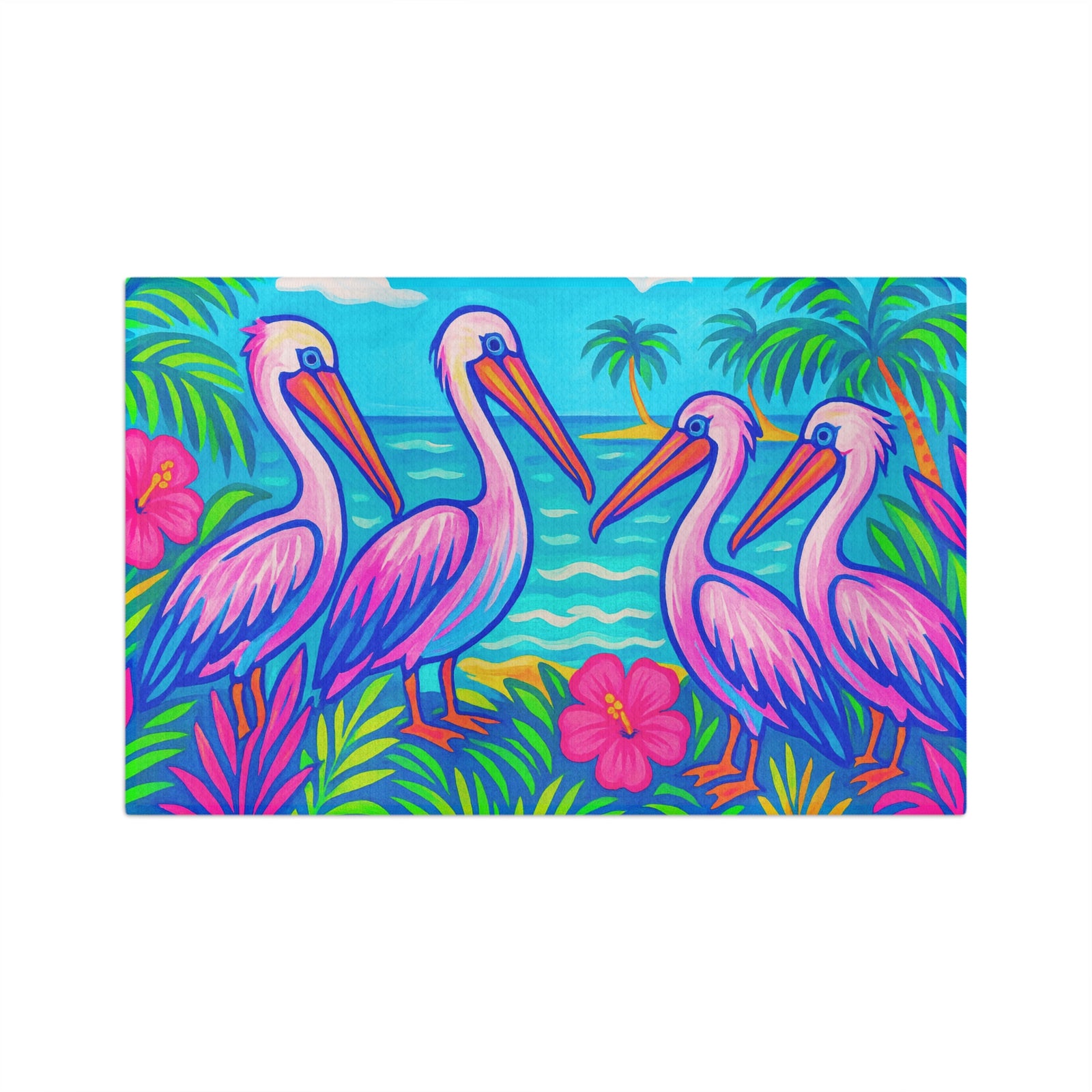 Tropical Microfiber Coffee/Tea Towel ~ Vibrant Pink Pelicans & Hibiscus