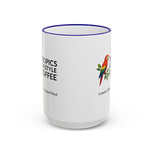 Accent Rim & Handle Coffee Mug ~ Tropics Lifestyle Coffee Parrot Logo