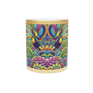 Tropical Metallic Mug, Gold or Silver - Colorful Rainforest Parrots