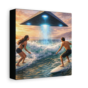 Surfing UFO Canvas Print — Beach Sunset Sci‑Fi Wall Art