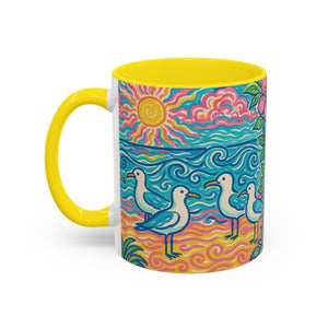 Accent Coffee Mug (11, 15oz), 8 Colors - Tropical Beach Seagulls