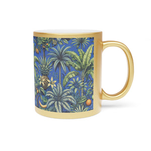 Tropical Metallic Mug, Gold or Silver - Tropical Palms & Fruit, Ocean Blue