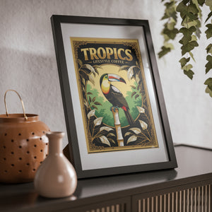 Framed Coffee Art Print — Tropical Toucan Poster for Home Decor