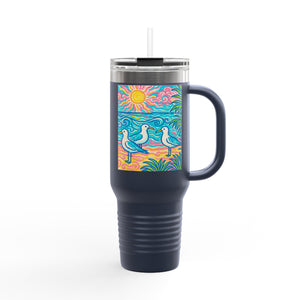 Insulated Travel Mug, 40oz / Tropical Beach Seagulls - Perfect for Outdoor Adventures