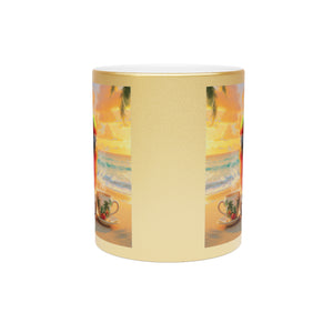 Tropical Metallic Mug, Gold or Silver - Tiki the Parrot Drinks Coffee