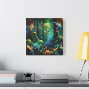 Tropical Parrots Canvas Wall Art — Vibrant Flight School Jungle Scene Matte