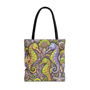Seahorse Trio Tote Bag, Yellow & Purple - 3 Sizes