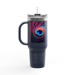 Insulated Travel Mug, 40oz / Peacock Eye Feather, Magenta - Perfect for Outdoor Adventures