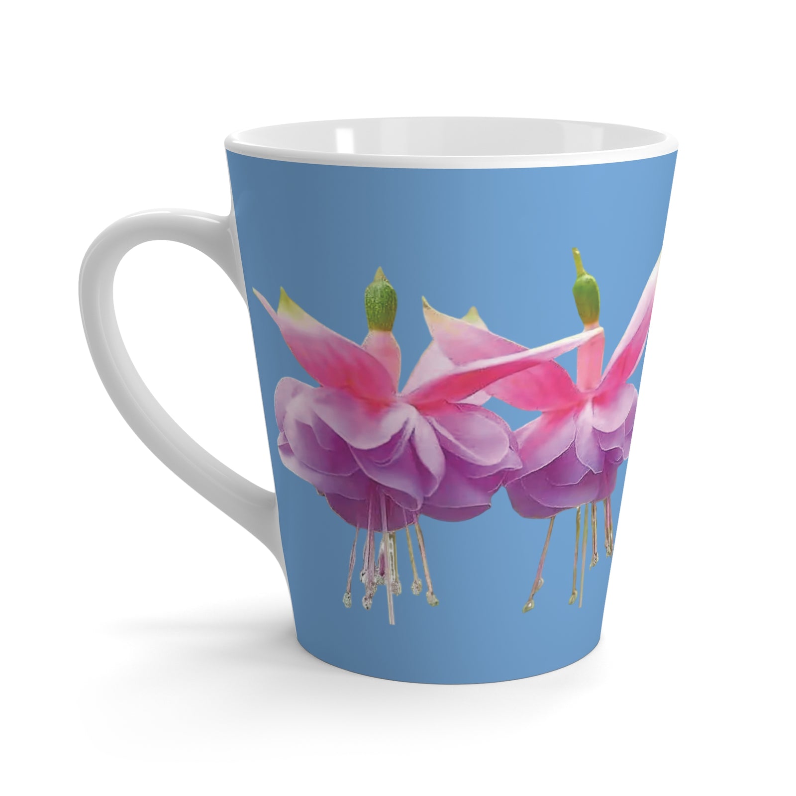 Latte White Mug, Floral - Tropical Fuschsias/Lt. Blue