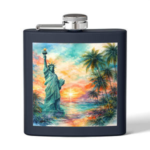6oz Stainless Steel Flask — Sunset Statue of Liberty Coastal Art