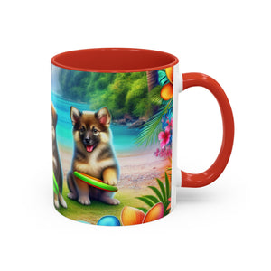 Cute Beach Puppies Playing Frisbee - Black Coffee Mug - Perfect Gift for Dog Lovers