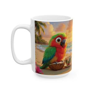 Ceramic White Mug - Tiki the Parrot Drinking Coffee