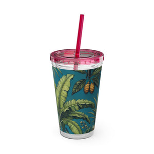 Tropical Tumbler with Straw | 16 oz: Tropical Palms & Fruit, Blue