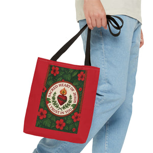 Religious Tote Bag - 3 Sizes / Sacred Heart of Jesus Prayer, Red