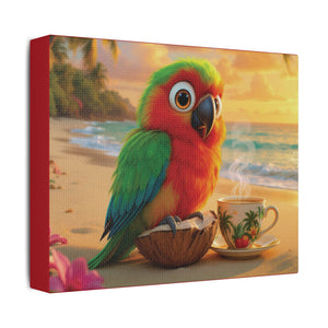 Tropical Beach Canvas - Tiki the Parrot Sunrise Wall Art, Dark Red