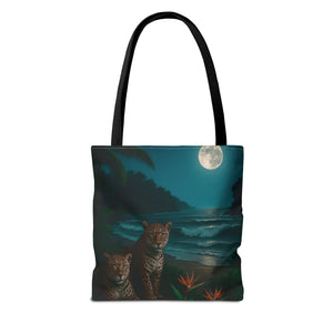 Tropical Beach & Jaguars Tote Bag, Black - 3 Sizes