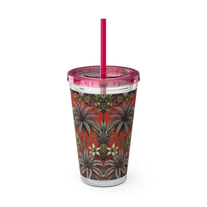 Tropical Tumbler with Straw | 16 oz: Tropical Palms & Fruit, Red