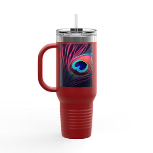 Insulated Travel Mug, 40oz / Peacock Eye Feather, Magenta - Perfect for Outdoor Adventures