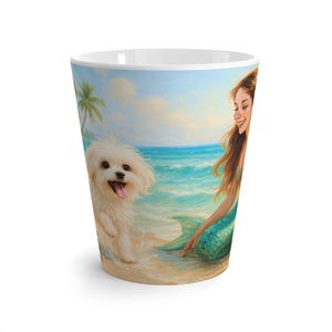 Latte White Mug - Puppy Ariel and Mermaid on Beach