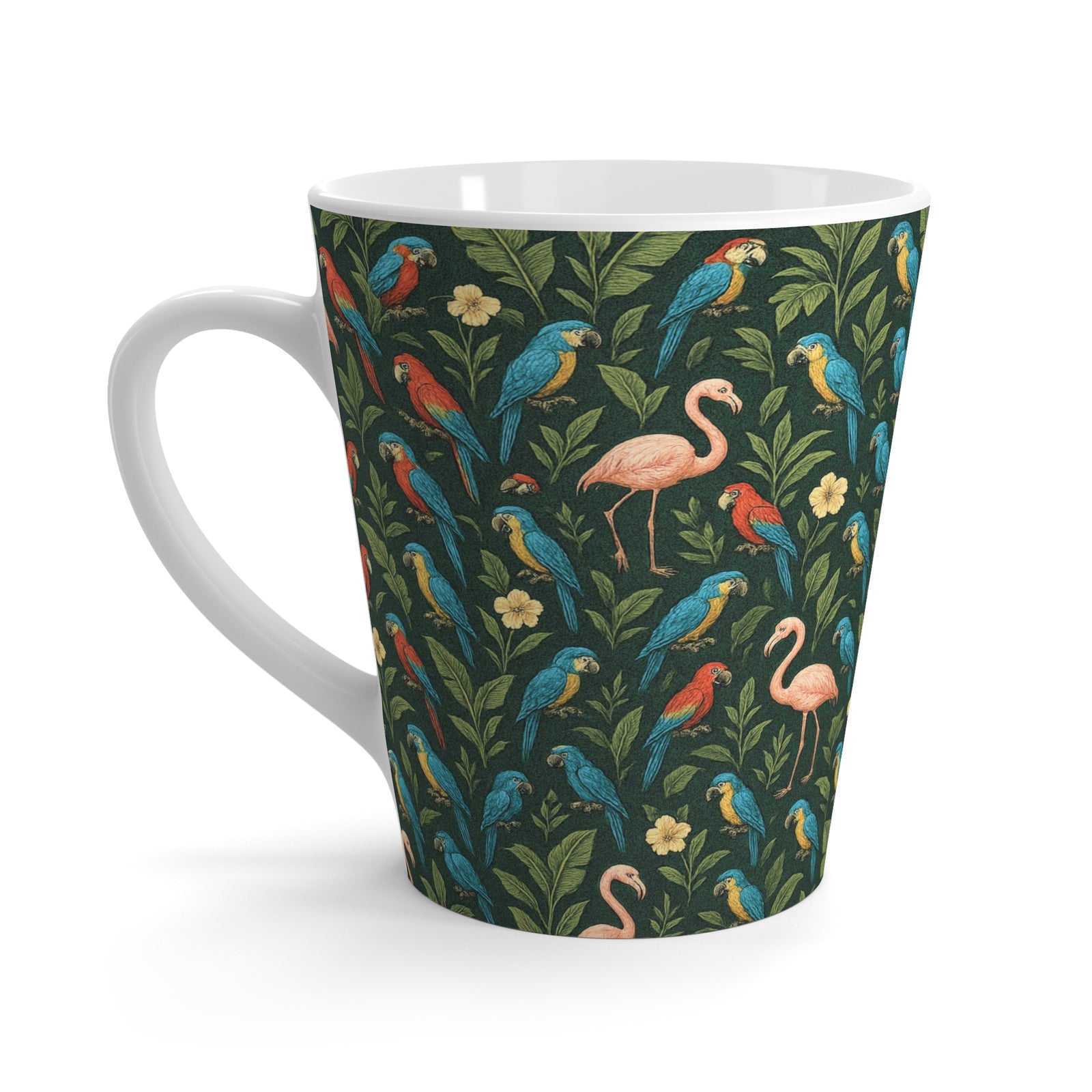 Latte White Mug - Flamingos and Parrots