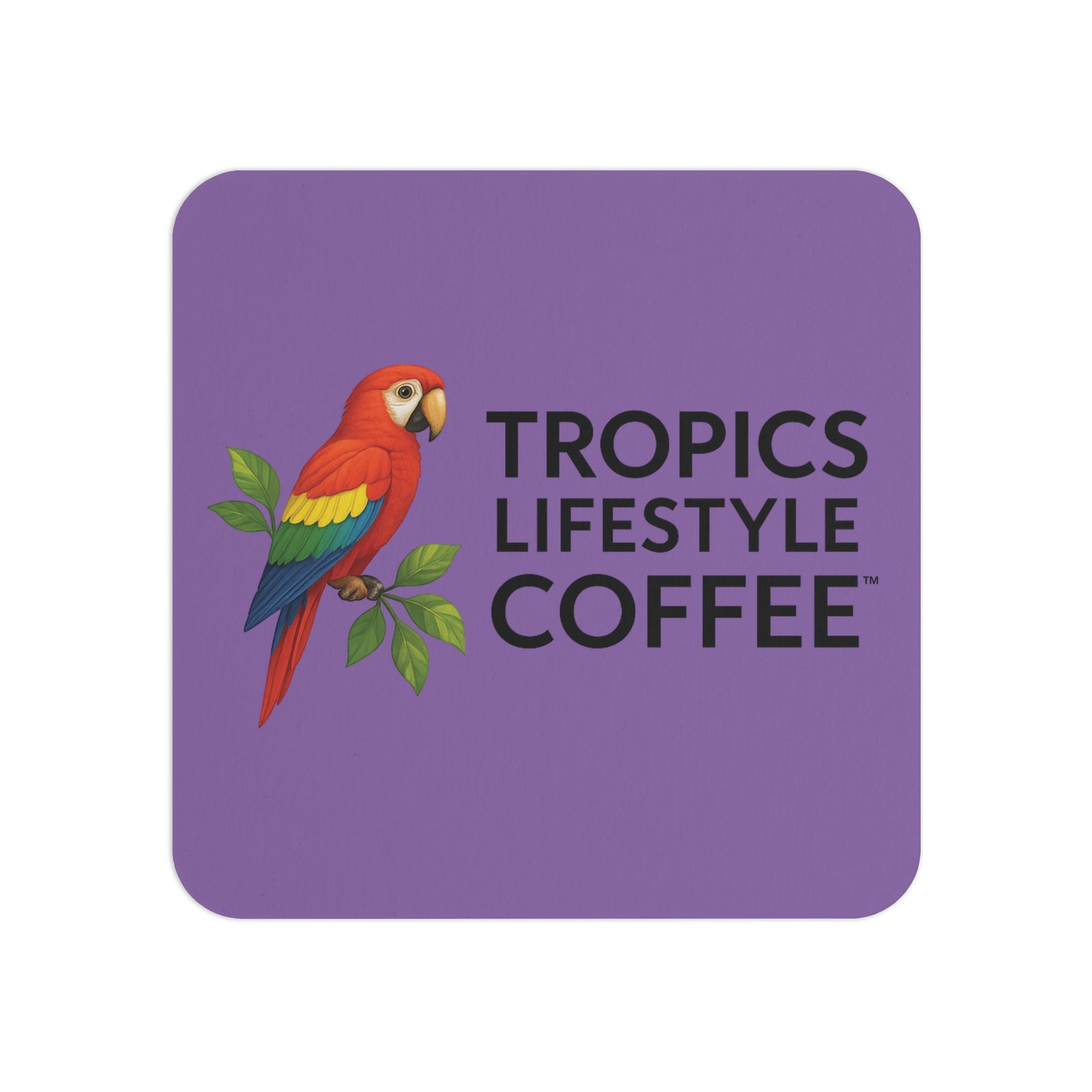 Bulk Durable Hardboard Coffee Coasters — Tropics Lifestyle Coffee Parrot Logo (50/100 pcs), purple