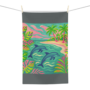 Tropical Microfiber Coffee/Tea Towel ~ Jumping Dolphins, Dark Grey