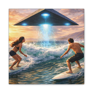 Surfing UFO Canvas Print — Beach Sunset Sci‑Fi Wall Art