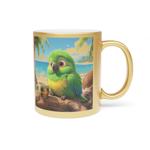 Tropical Metallic Mug, Gold or Silver - Lulu the Parrot Drinks Coffee