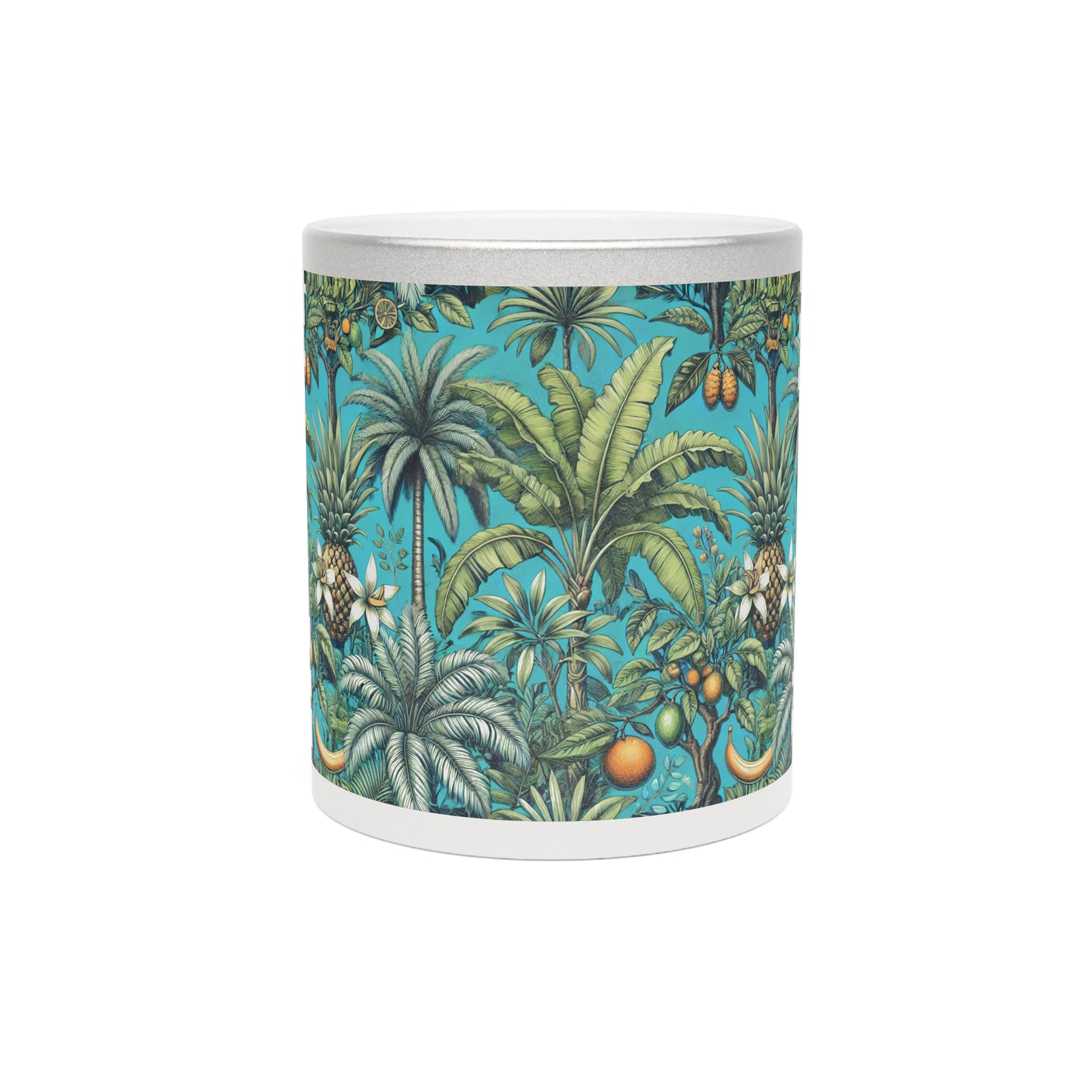 Tropical Metallic Mug, Silver - Tropical Fruit & Palms, Turquoise