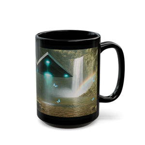 Black Coffee Mug - UFO and Waterfall