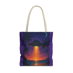 UFO at Beach Sunset Tote Bag, Purple - 3 Sizes