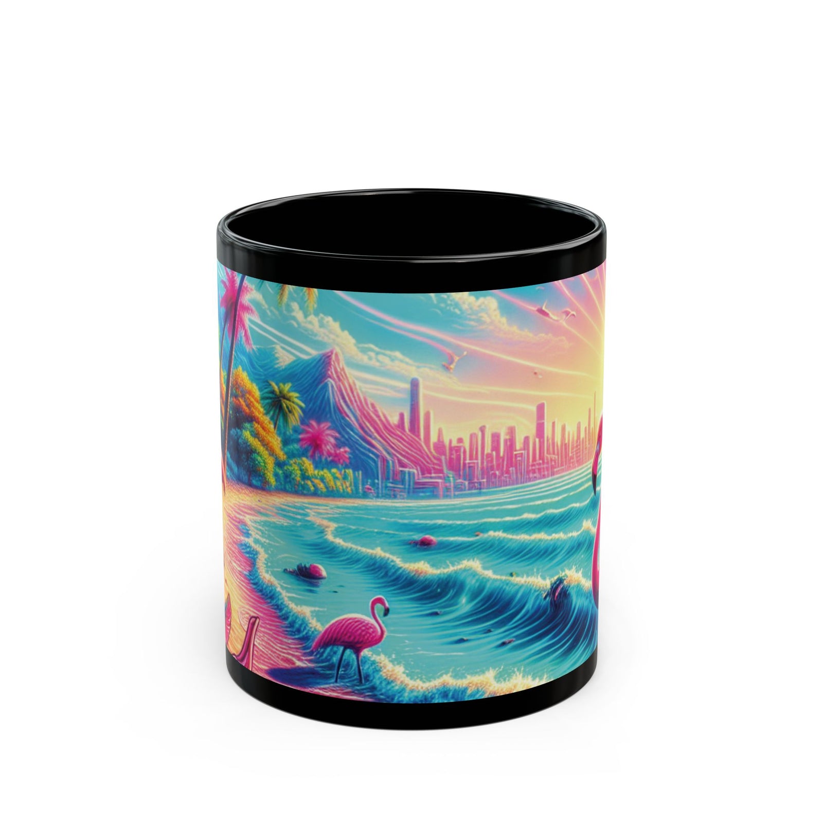 Black Coffee Mug - Pop Art Flamingo Beach