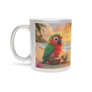 Tropical Metallic Mug, Gold or Silver - Tiki the Parrot Drinks Coffee