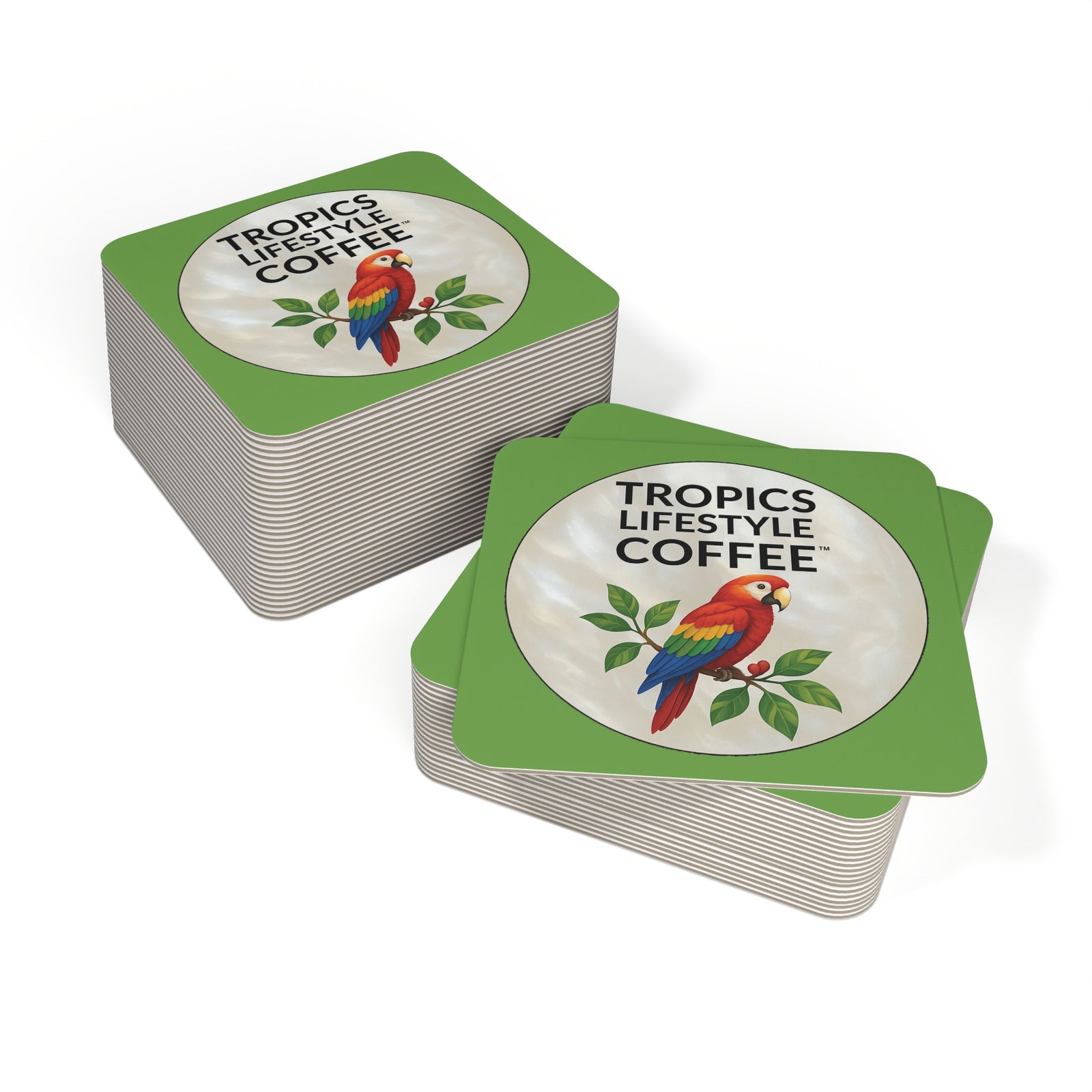 Bulk Hardboard Coffee Coasters - Parrot MOP Logo (50/100 pcs), green