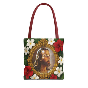 Religious Art Polyester Tote Bag, 3 Sizes / "Head of Christ" Jesus Portrait, Red Flowers