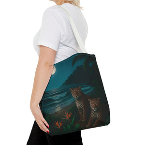 Tropical Beach & Jaguars Tote Bag, Black - 3 Sizes