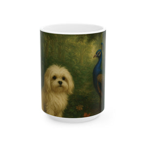 Ceramic White Mug - 11oz & 15oz, Puppy Ariel and Peacock