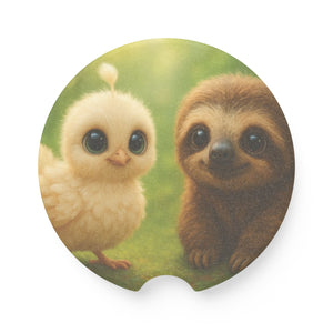 Soapstone Car Coaster - Baby White Peacock & Baby Sloth