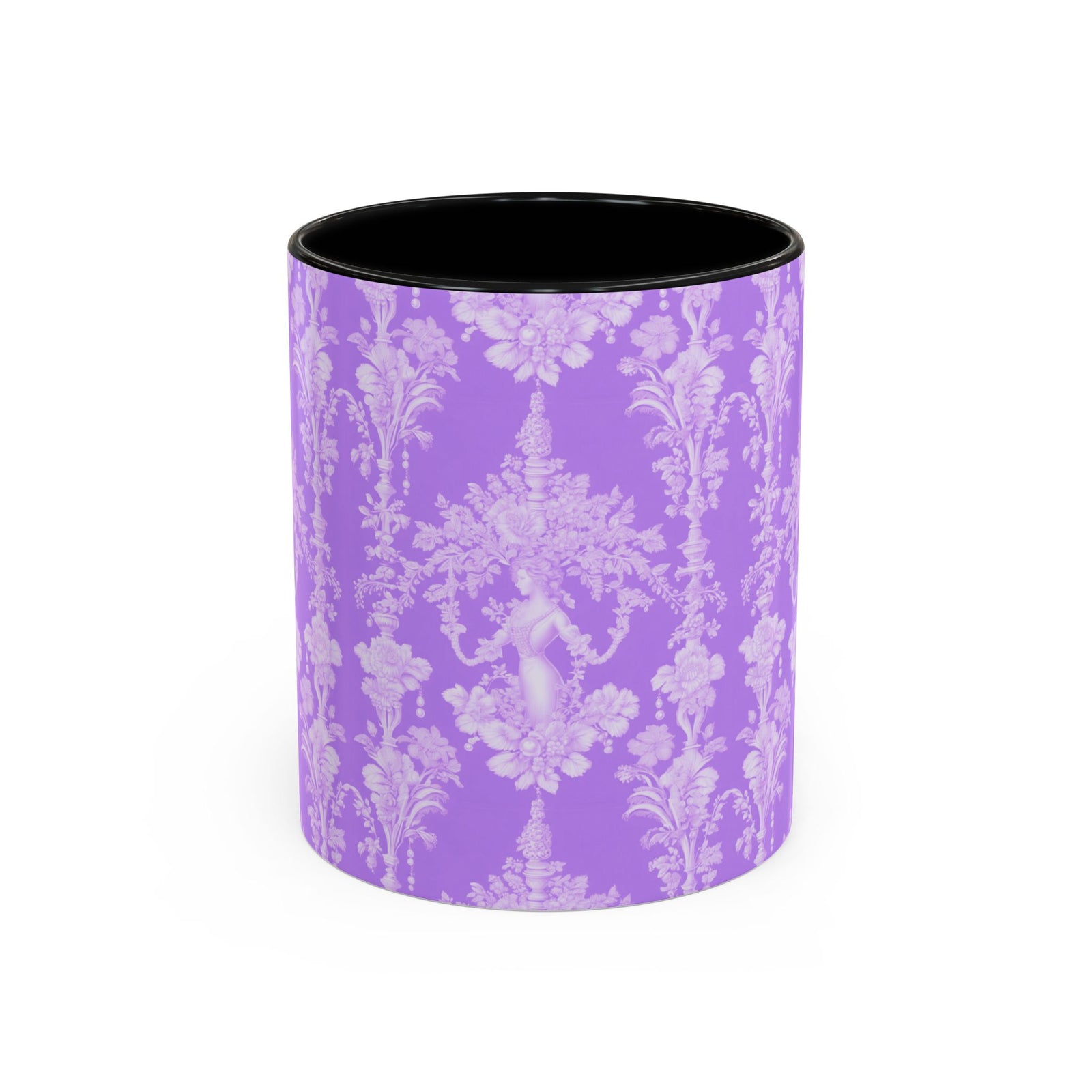 Accent Color Coffee Mug (11, 15oz), Pearl Lady Toile/Lavender Repeat