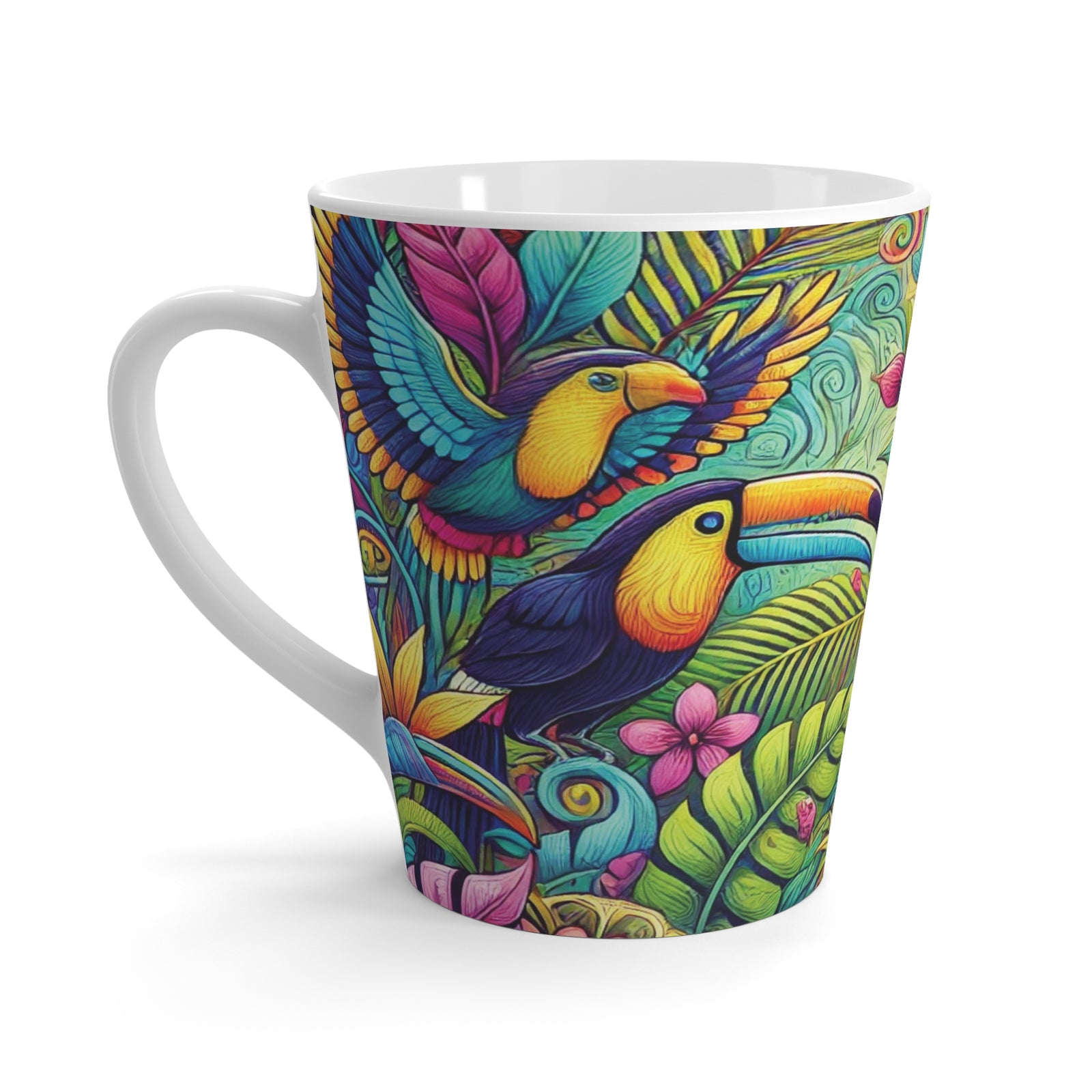Latte White Mug - Colorful Parrots / Rainforest Music