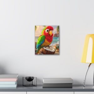 Tropical Parrot Canvas Wall Art — Colorful Beach Scene with Coffee Cup