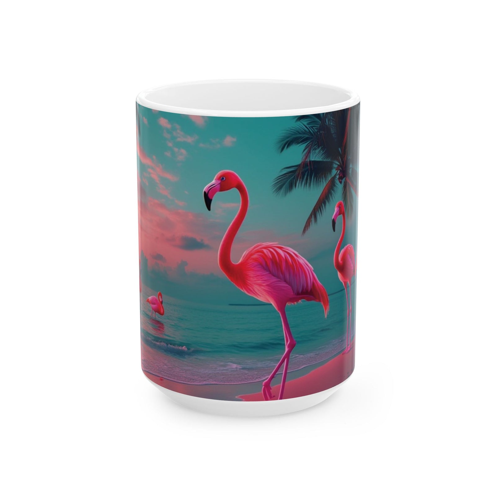 Ceramic White Mug - 11oz & 15oz, Neon Flamingos at Night