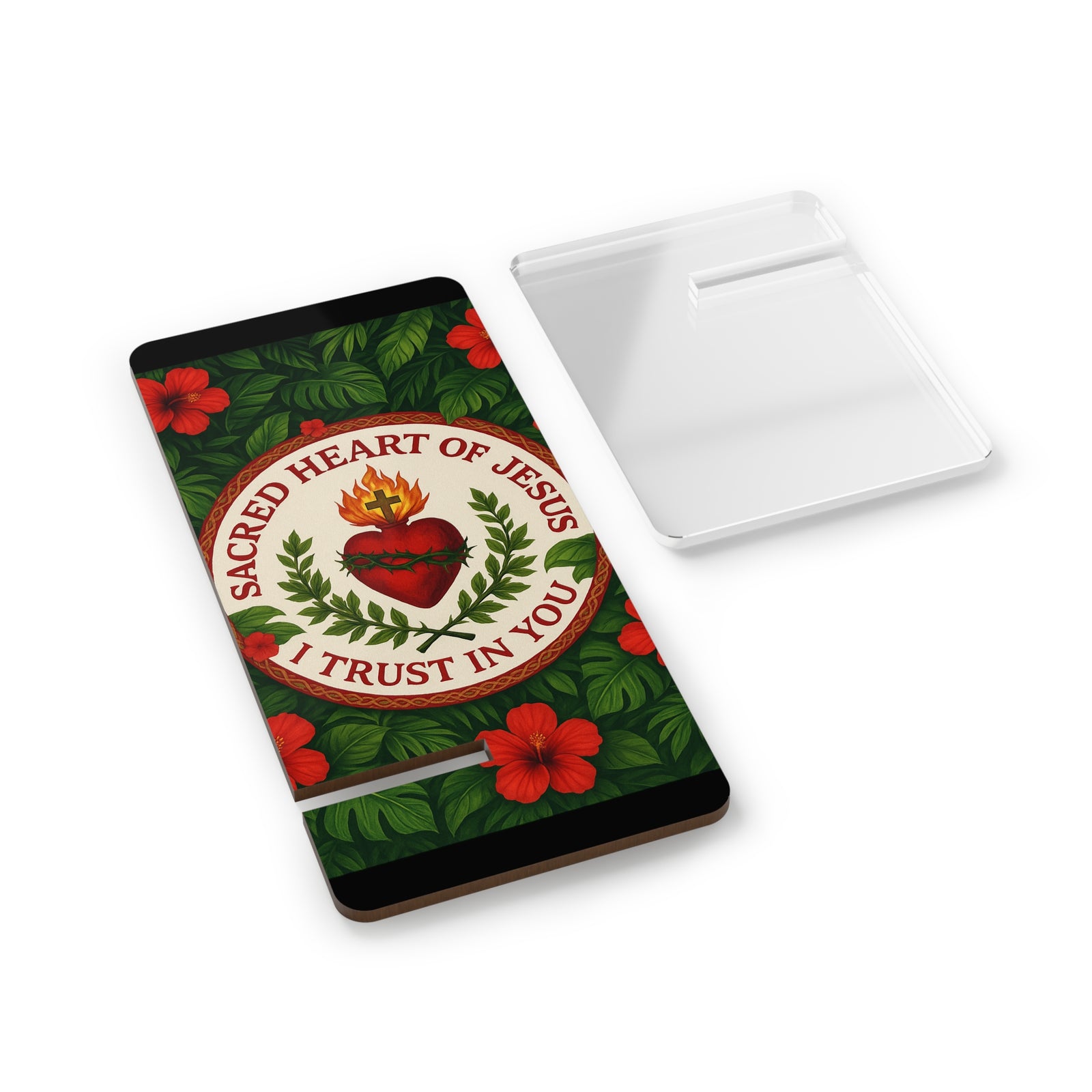 Religious Smartphone Display Stand with Sacred Heart of Jesus Prayer, Black