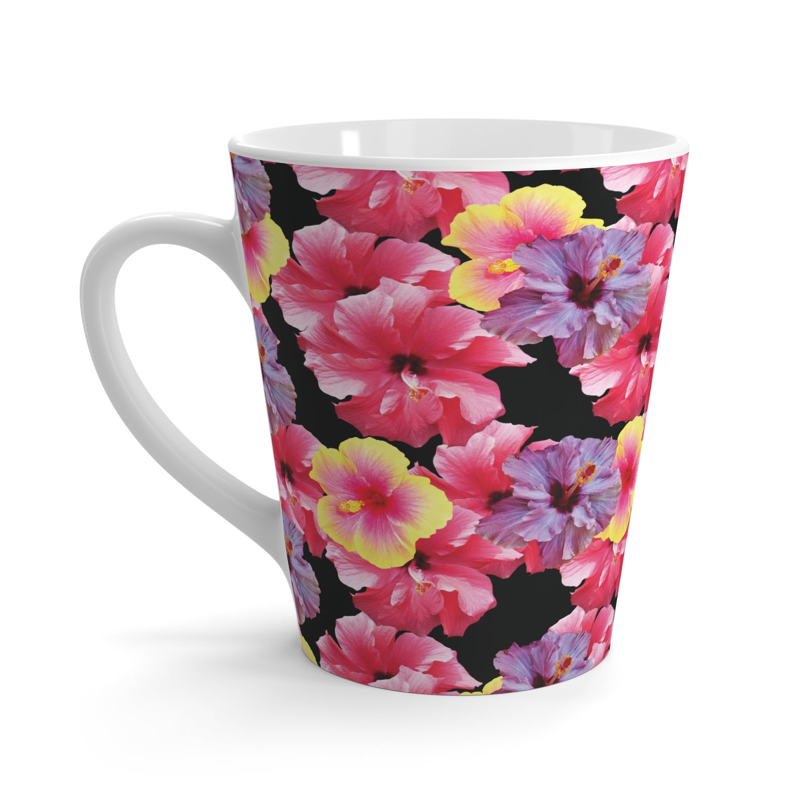 White Latte Mug - Real Hisbiscus Flowers Trio/Black