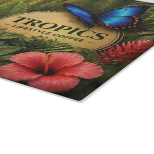Glass Coffee Station Tray - 'Tropics Lifestyle Coffee Rainforest Butterfly