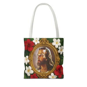 Religious Art Polyester Tote Bag, 3 Sizes / "Head of Christ" Jesus Portrait, Red Flowers